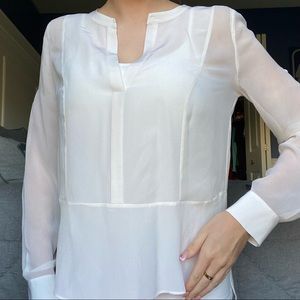 BCBG Sheer White Linen V Neck Long Sleeve Blouse